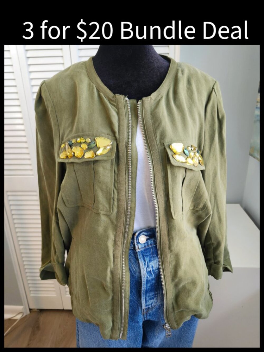 H&M Beaded Jacket size M Olive Green Streetwear